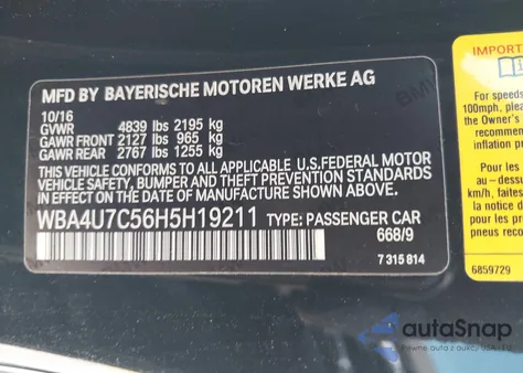 2017 BMW 430I from USA, damaged, VIN WBA4U7C56H5H19211